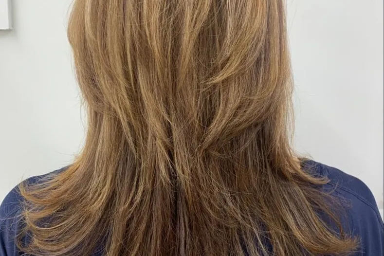 Finished partial highlights blended through layered hair